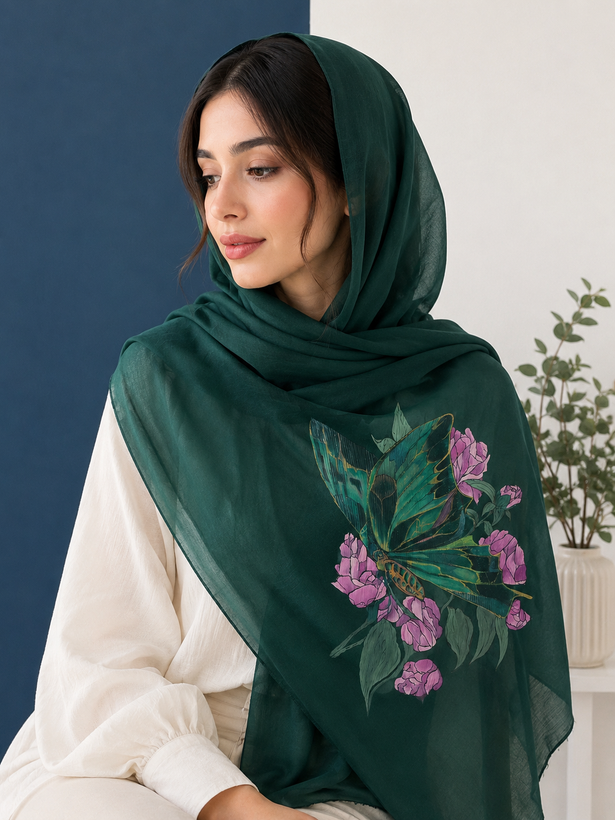 شال نقاشیشده با دست طرح پروانه